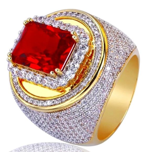 Princess Cut Ruby with White  Baguette  Diamonds Cocktail Ring 18k gold on 925 - Picture 1 of 3